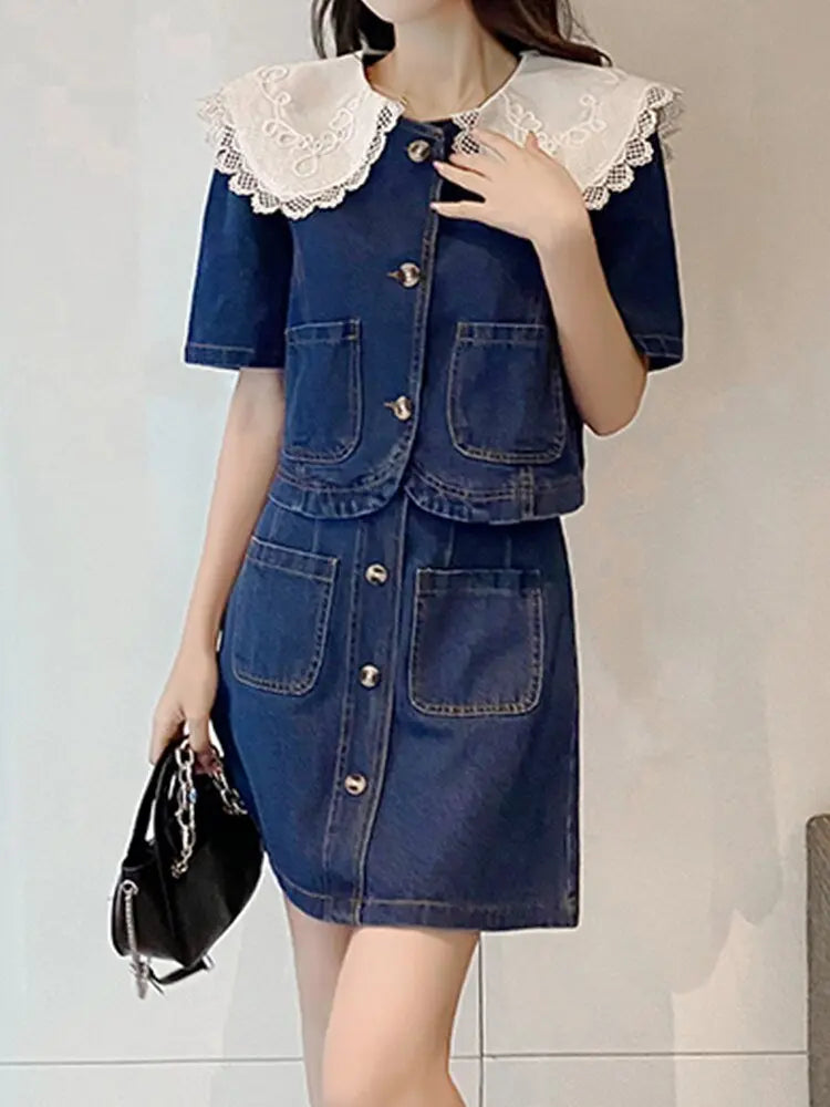 Summer Sweet Denim Suit Lace Peter Pan Collar Single Breasted Tops+high Waist A-line Skirts - Blade & Thread