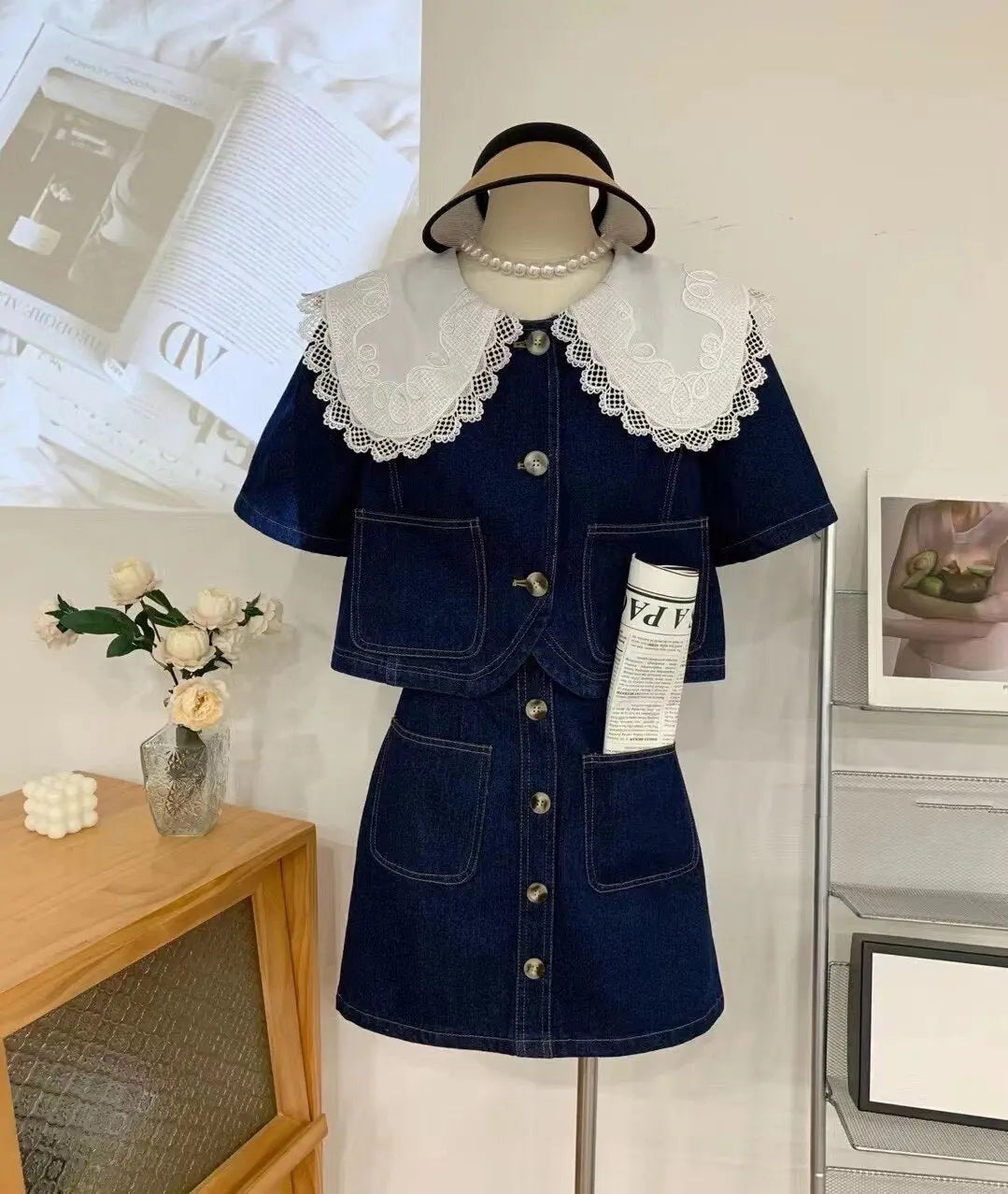 Summer Sweet Denim Suit Lace Peter Pan Collar Single Breasted Tops+high Waist A-line Skirts - Blade & Thread