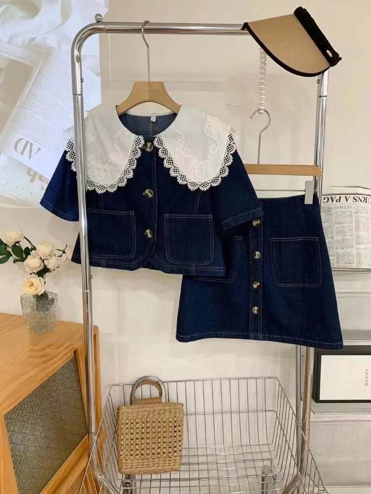 Summer Sweet Denim Suit Lace Peter Pan Collar Single Breasted Tops+high Waist A-line Skirts - Blade & Thread