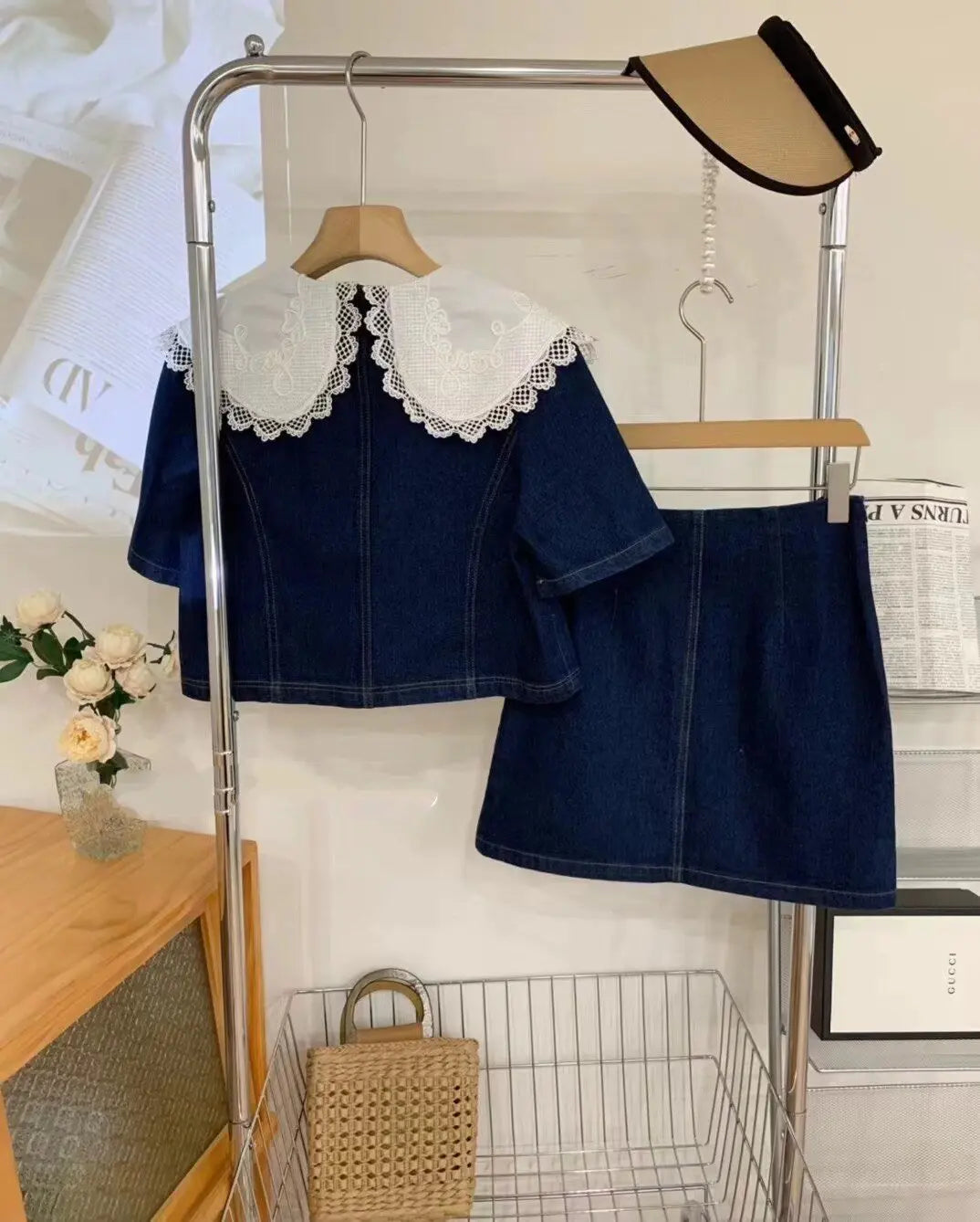 Summer Sweet Denim Suit Lace Peter Pan Collar Single Breasted Tops+high Waist A-line Skirts - Blade & Thread