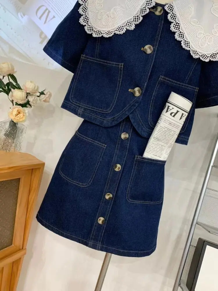 Summer Sweet Denim Suit Lace Peter Pan Collar Single Breasted Tops+high Waist A-line Skirts nowadaysfashion