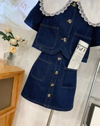 Summer Sweet Denim Suit Lace Peter Pan Collar Single Breasted Tops+high Waist A-line Skirts nowadaysfashion