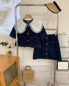 Summer Sweet Denim Suit Lace Peter Pan Collar Single Breasted Tops+high Waist A-line Skirts nowadaysfashion