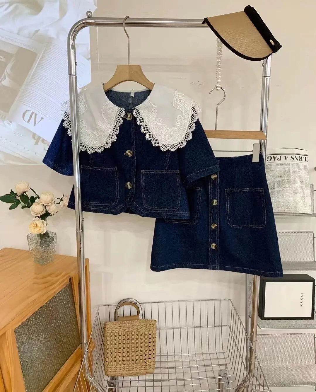 Summer Sweet Denim Suit Lace Peter Pan Collar Single Breasted Tops+high Waist A-line Skirts nowadaysfashion