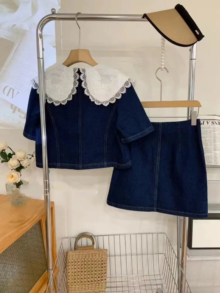 Summer Sweet Denim Suit Lace Peter Pan Collar Single Breasted Tops+high Waist A-line Skirts nowadaysfashion