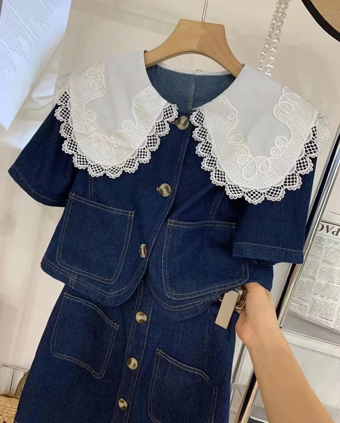 Summer Sweet Denim Suit Lace Peter Pan Collar Single Breasted Tops+high Waist A-line Skirts - Blade & Thread