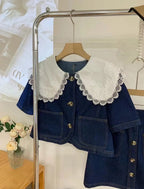 Summer Sweet Denim Suit Lace Peter Pan Collar Single Breasted Tops+high Waist A-line Skirts nowadaysfashion