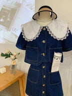 Summer Sweet Denim Suit Lace Peter Pan Collar Single Breasted Tops+high Waist A-line Skirts nowadaysfashion