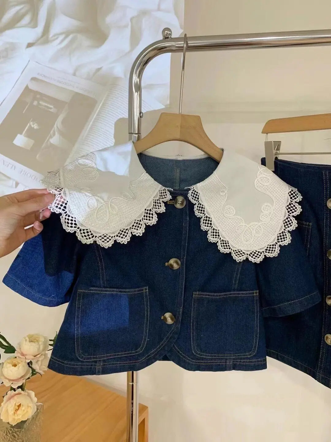 Summer Sweet Denim Suit Lace Peter Pan Collar Single Breasted Tops+high Waist A-line Skirts - Blade & Thread