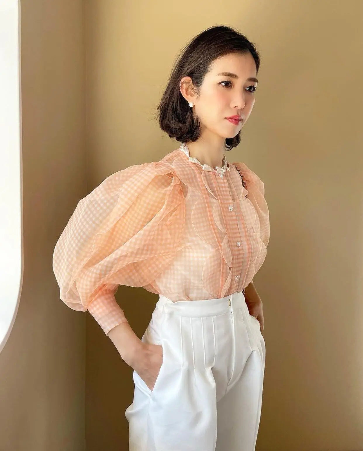 Summer Tops See Through Puff Sleeve Sweet Shirt Single Breasted Plaid - Blade & Thread