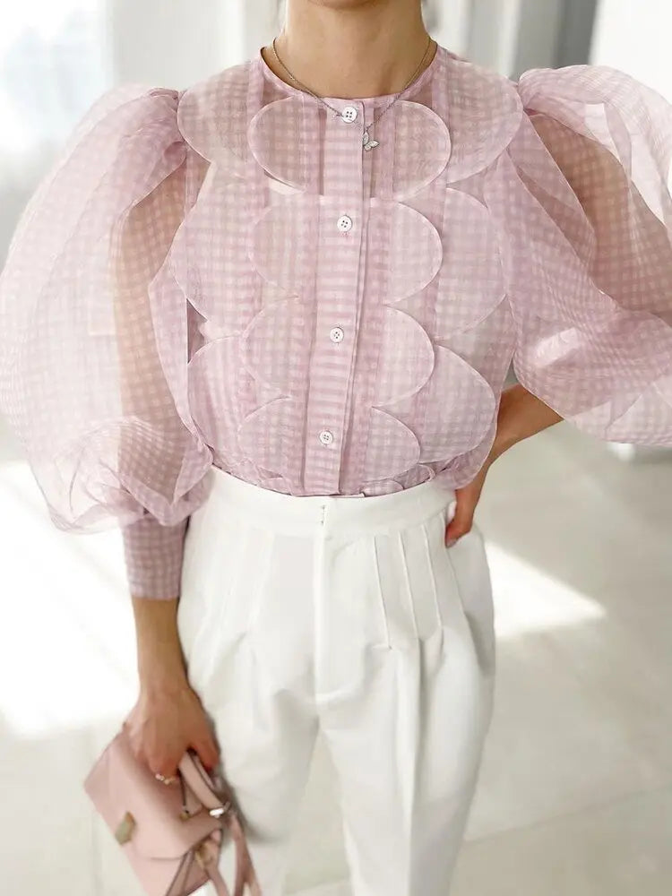 Summer Tops See Through Puff Sleeve Sweet Shirt Single Breasted Plaid - Blade & Thread