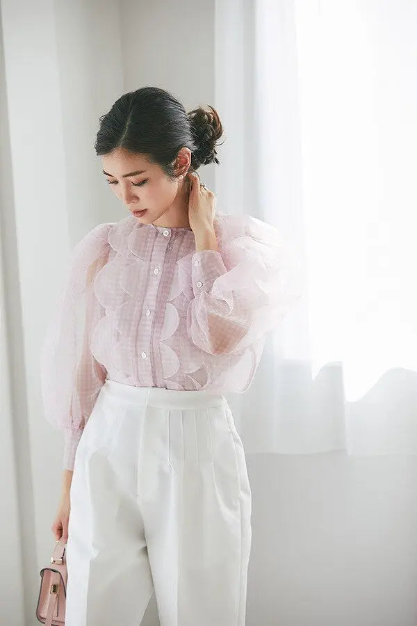 Summer Tops See Through Puff Sleeve Sweet Shirt Single Breasted Plaid nowadaysfashion