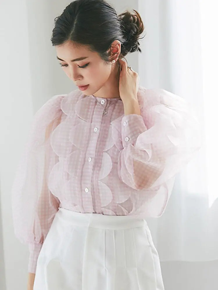 Summer Tops See Through Puff Sleeve Sweet Shirt Single Breasted Plaid - Blade & Thread