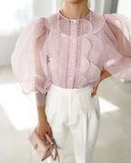 Summer Tops See Through Puff Sleeve Sweet Shirt Single Breasted Plaid nowadaysfashion