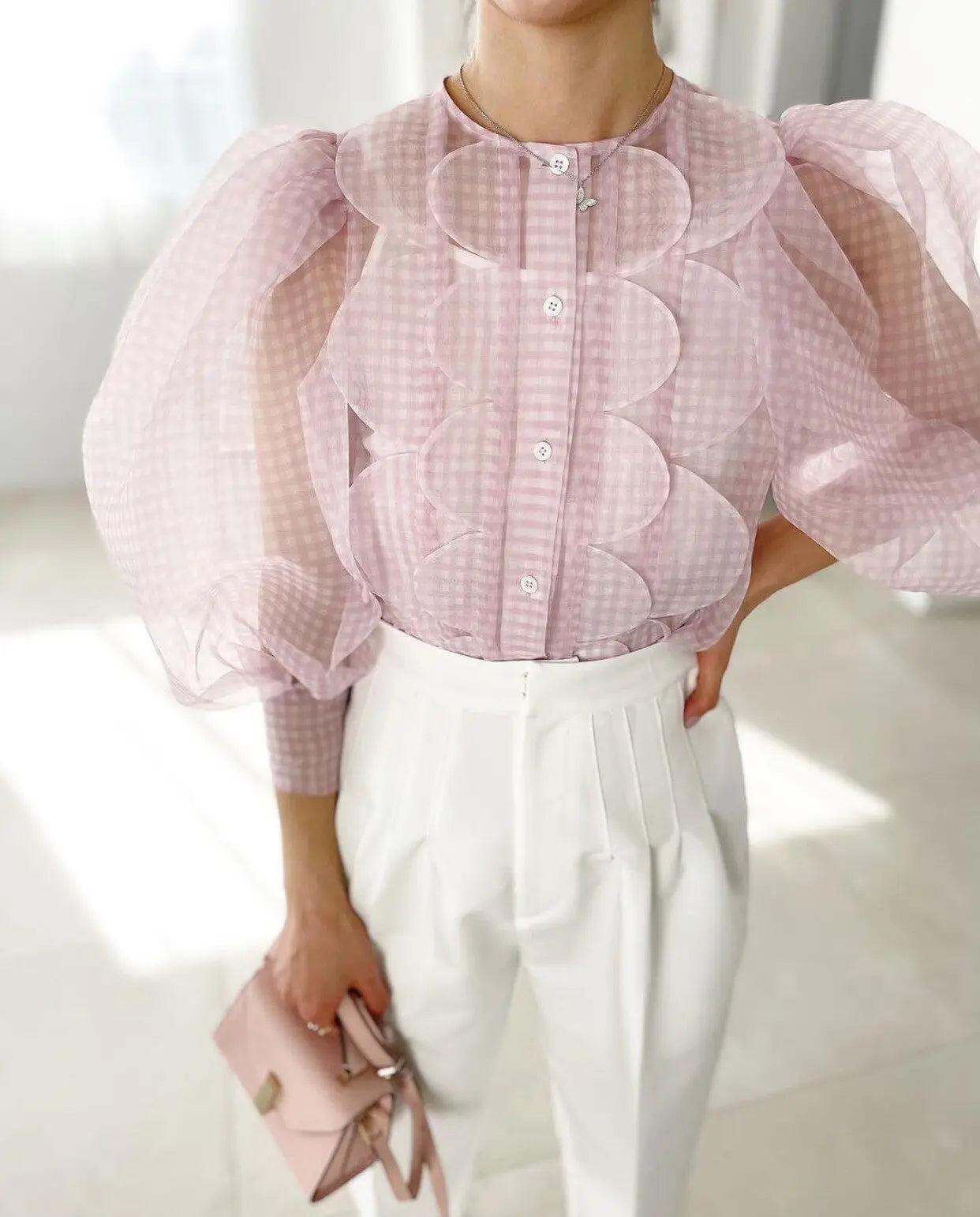 Summer Tops See Through Puff Sleeve Sweet Shirt Single Breasted Plaid nowadaysfashion