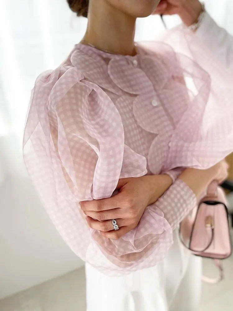 Summer Tops See Through Puff Sleeve Sweet Shirt Single Breasted Plaid nowadaysfashion