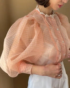 Summer Tops See Through Puff Sleeve Sweet Shirt Single Breasted Plaid nowadaysfashion