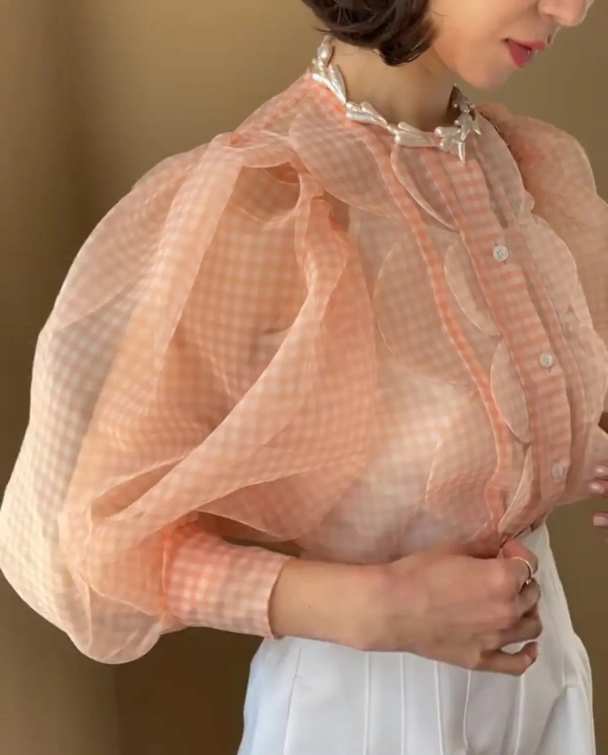 Summer Tops See Through Puff Sleeve Sweet Shirt Single Breasted Plaid - Blade & Thread