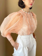 Summer Tops See Through Puff Sleeve Sweet Shirt Single Breasted Plaid nowadaysfashion