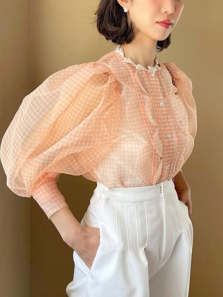 Summer Tops See Through Puff Sleeve Sweet Shirt Single Breasted Plaid - Blade & Thread