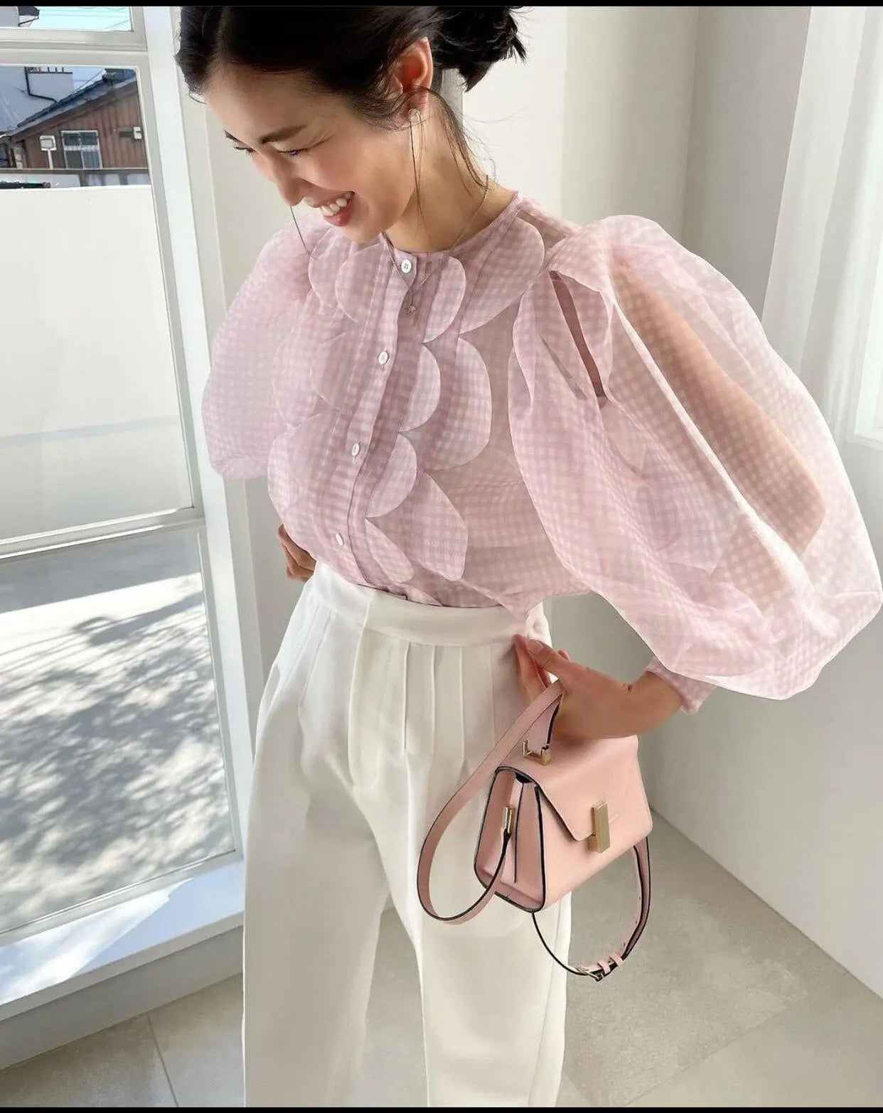 Summer Tops See Through Puff Sleeve Sweet Shirt Single Breasted Plaid nowadaysfashion