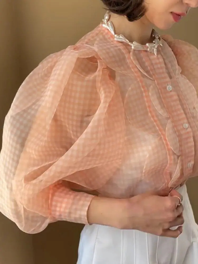Summer Tops See Through Puff Sleeve Sweet Shirt Single Breasted Plaid nowadaysfashion