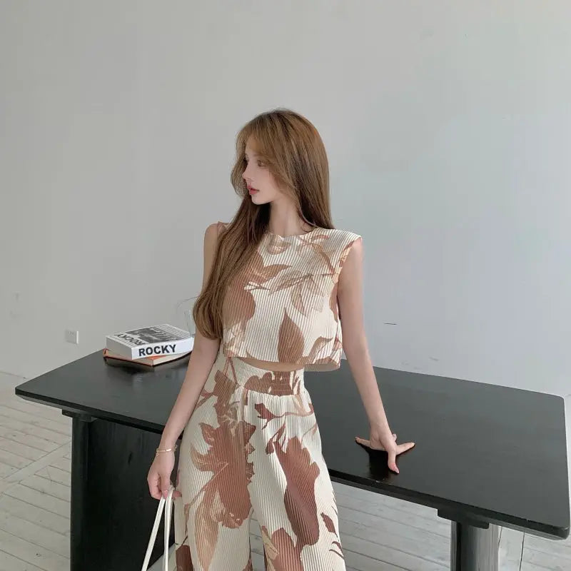 Summer Two-piece Women Printed Sleeveless Vest + Casual Mopping Trousers Female Sets - Blade & Thread