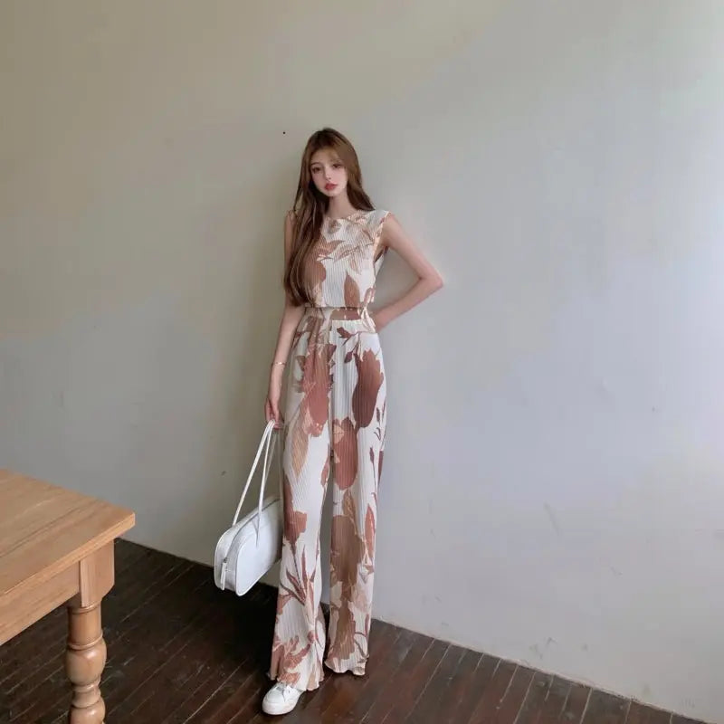 Summer Two-piece Women Printed Sleeveless Vest + Casual Mopping Trousers Female Sets - Blade & Thread