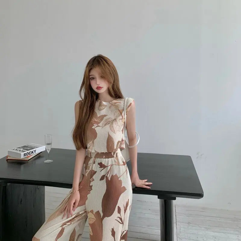 Summer Two-piece Women Printed Sleeveless Vest + Casual Mopping Trousers Female Sets - Blade & Thread