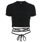 Summer Women Black Short T-Shirts Sexy Crop Tops Short Sleeve Bandage Tee Tops Female Shirts nowadaysfashion