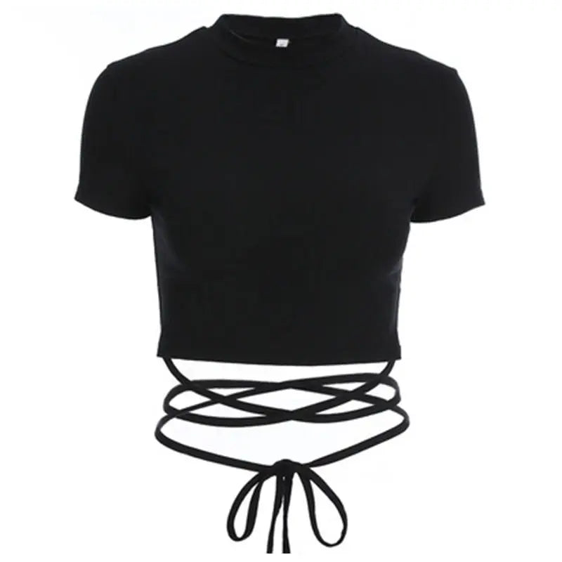 Summer Women Black Short T-Shirts Sexy Crop Tops Short Sleeve Bandage Tee Tops Female Shirts - Blade & Thread