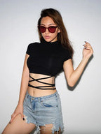 Summer Women Black Short T-Shirts Sexy Crop Tops Short Sleeve Bandage Tee Tops Female Shirts nowadaysfashion