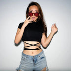 Summer Women Black Short T-Shirts Sexy Crop Tops Short Sleeve Bandage Tee Tops Female Shirts nowadaysfashion