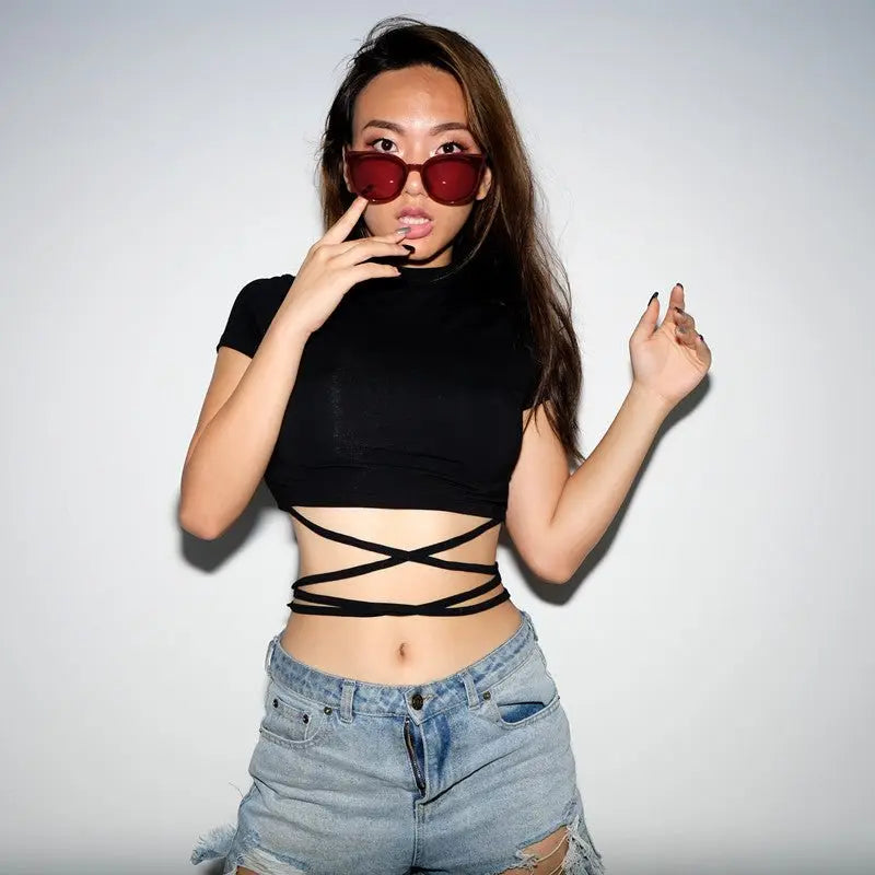Summer Women Black Short T-Shirts Sexy Crop Tops Short Sleeve Bandage Tee Tops Female Shirts - Blade & Thread