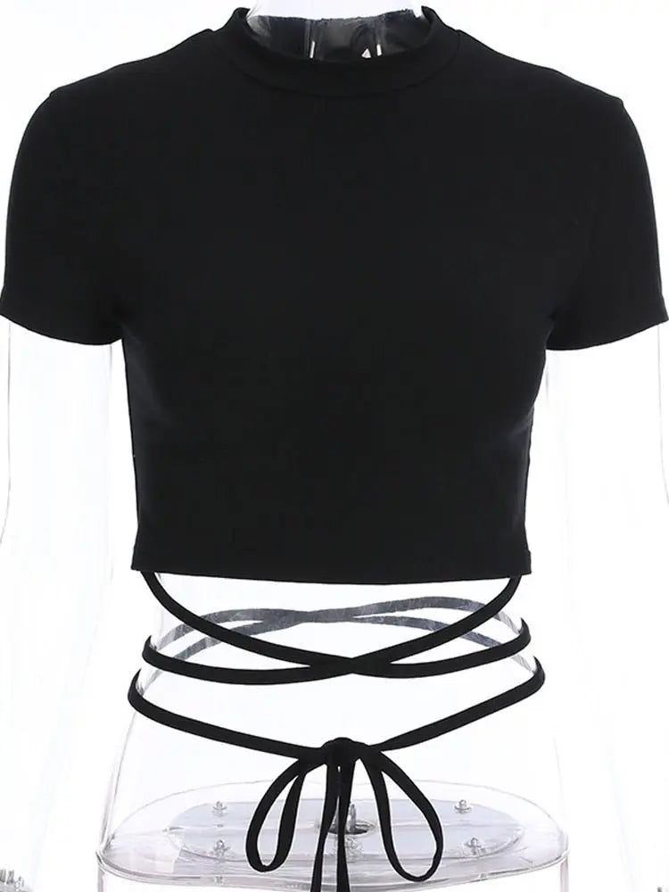 Summer Women Black Short T-Shirts Sexy Crop Tops Short Sleeve Bandage Tee Tops Female Shirts - Blade & Thread