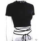 Summer Women Black Short T-Shirts Sexy Crop Tops Short Sleeve Bandage Tee Tops Female Shirts nowadaysfashion