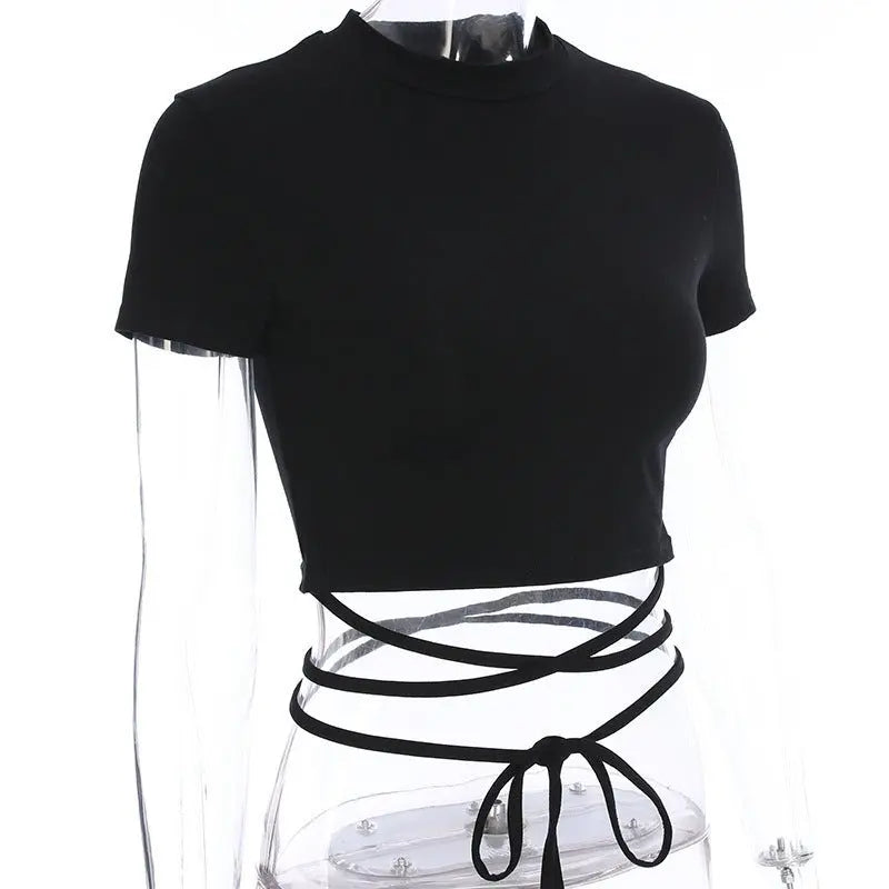 Summer Women Black Short T-Shirts Sexy Crop Tops Short Sleeve Bandage Tee Tops Female Shirts - Blade & Thread