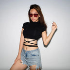 Summer Women Black Short T-Shirts Sexy Crop Tops Short Sleeve Bandage Tee Tops Female Shirts nowadaysfashion