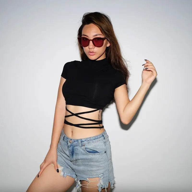 Summer Women Black Short T-Shirts Sexy Crop Tops Short Sleeve Bandage Tee Tops Female Shirts - Blade & Thread