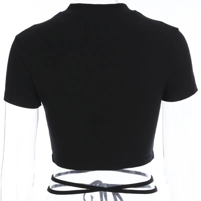 Summer Women Black Short T-Shirts Sexy Crop Tops Short Sleeve Bandage Tee Tops Female Shirts nowadaysfashion