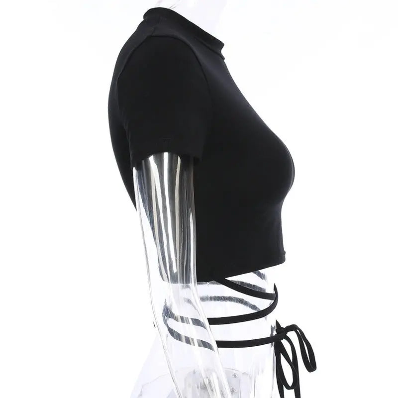 Summer Women Black Short T-Shirts Sexy Crop Tops Short Sleeve Bandage Tee Tops Female Shirts - Blade & Thread