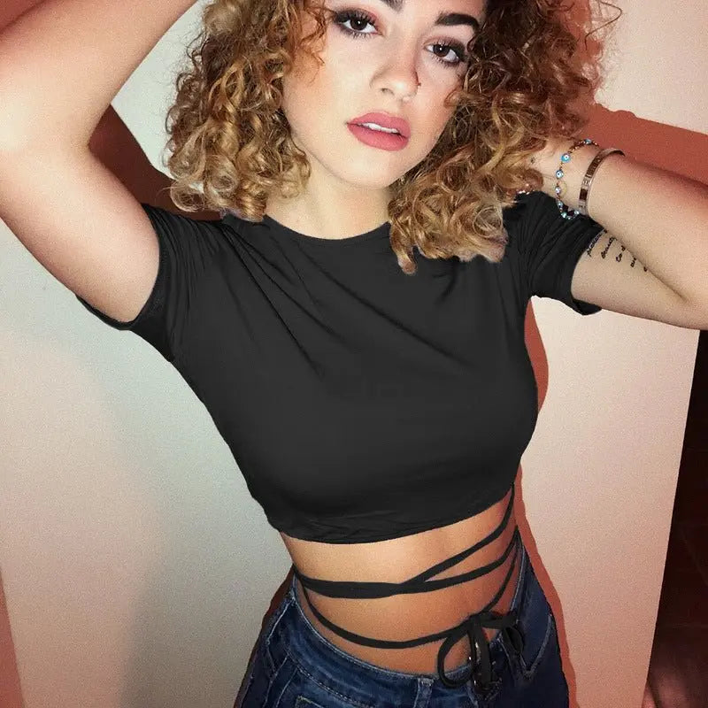 Summer Women Black Short T-Shirts Sexy Crop Tops Short Sleeve Bandage Tee Tops Female Shirts - Blade & Thread