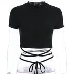 Summer Women Black Short T-Shirts Sexy Crop Tops Short Sleeve Bandage Tee Tops Female Shirts nowadaysfashion