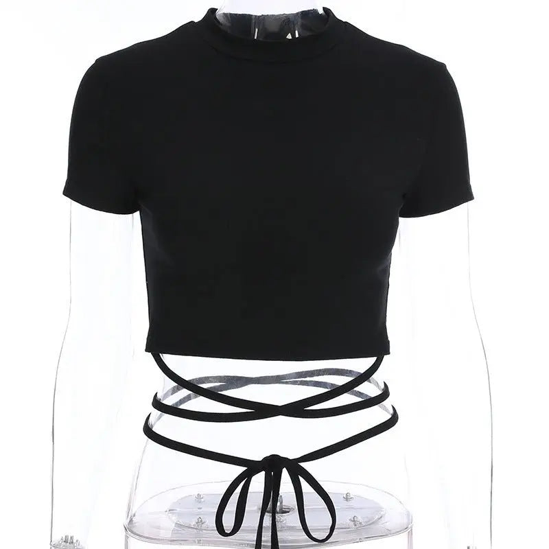 Summer Women Black Short T-Shirts Sexy Crop Tops Short Sleeve Bandage Tee Tops Female Shirts - Blade & Thread