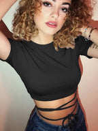 Summer Women Black Short T-Shirts Sexy Crop Tops Short Sleeve Bandage Tee Tops Female Shirts nowadaysfashion