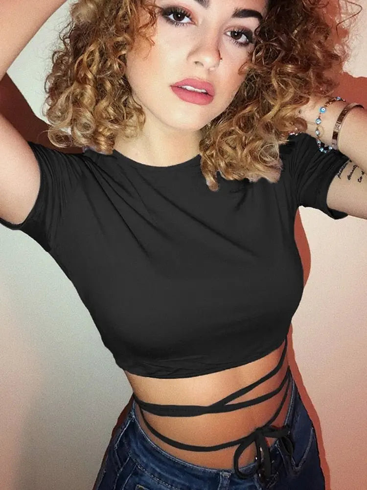 Summer Women Black Short T-Shirts Sexy Crop Tops Short Sleeve Bandage Tee Tops Female Shirts nowadaysfashion