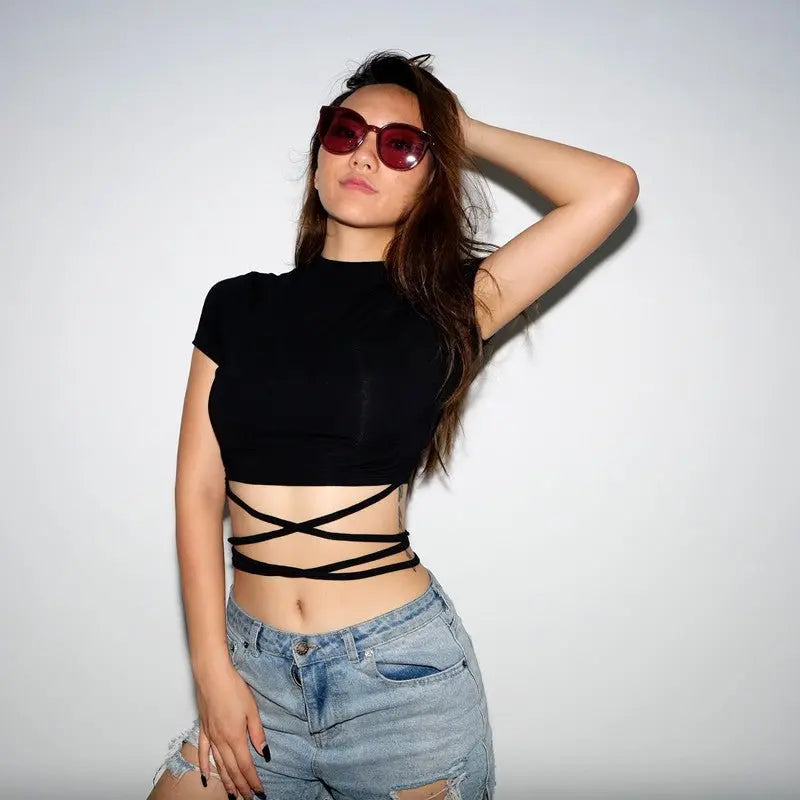 Summer Women Black Short T-Shirts Sexy Crop Tops Short Sleeve Bandage Tee Tops Female Shirts - Blade & Thread