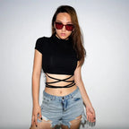 Summer Women Black Short T-Shirts Sexy Crop Tops Short Sleeve Bandage Tee Tops Female Shirts nowadaysfashion