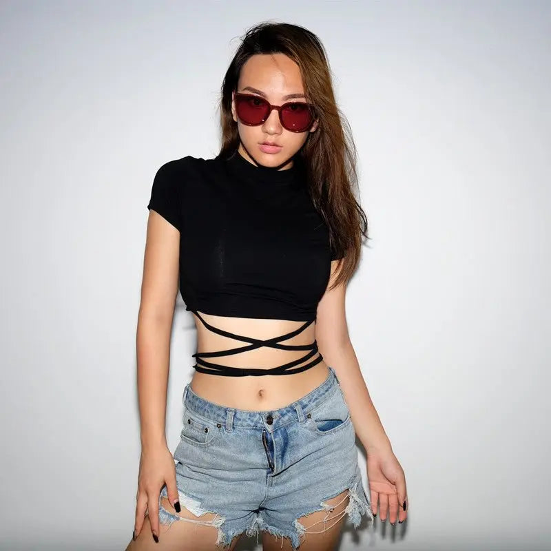 Summer Women Black Short T-Shirts Sexy Crop Tops Short Sleeve Bandage Tee Tops Female Shirts nowadaysfashion