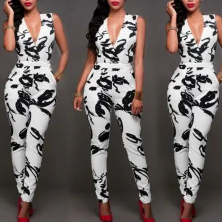 Summer Women Jumpsuit Romper Sexy Strap V Neck Sleeveless Floral Print Bodycon Overalls - Blade & Thread